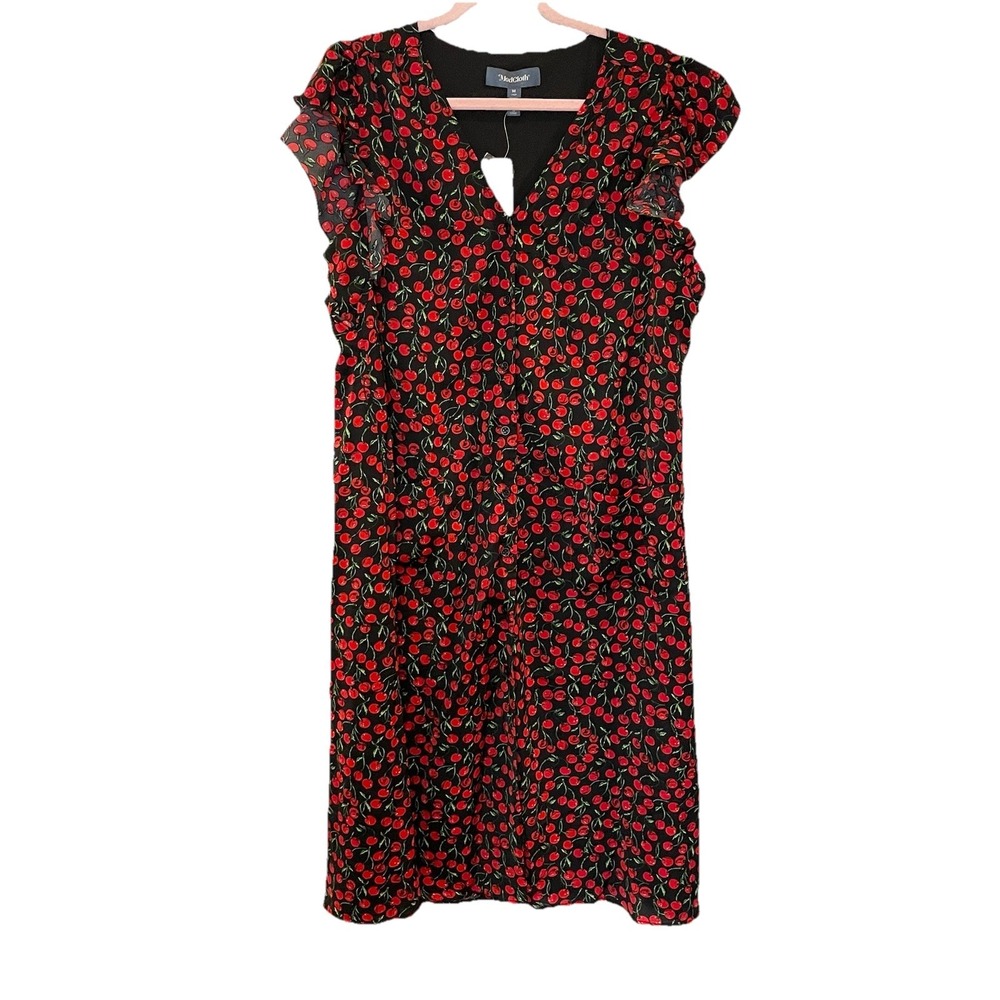 Modcloth Black Red Cherry Print Button Front Midi… - image 1